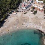 Top-down view of Cala Llonga beach and bay Ibiza