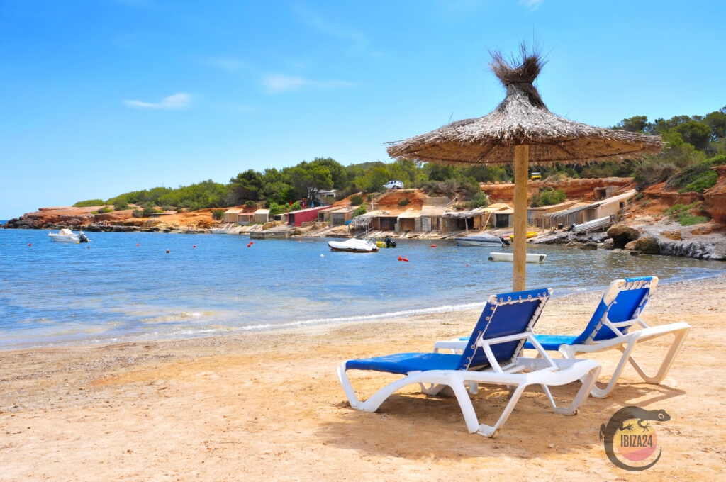 Sunloungers at Pou des Lleó beach, Ibiza, with clear waters and rugged surroundings