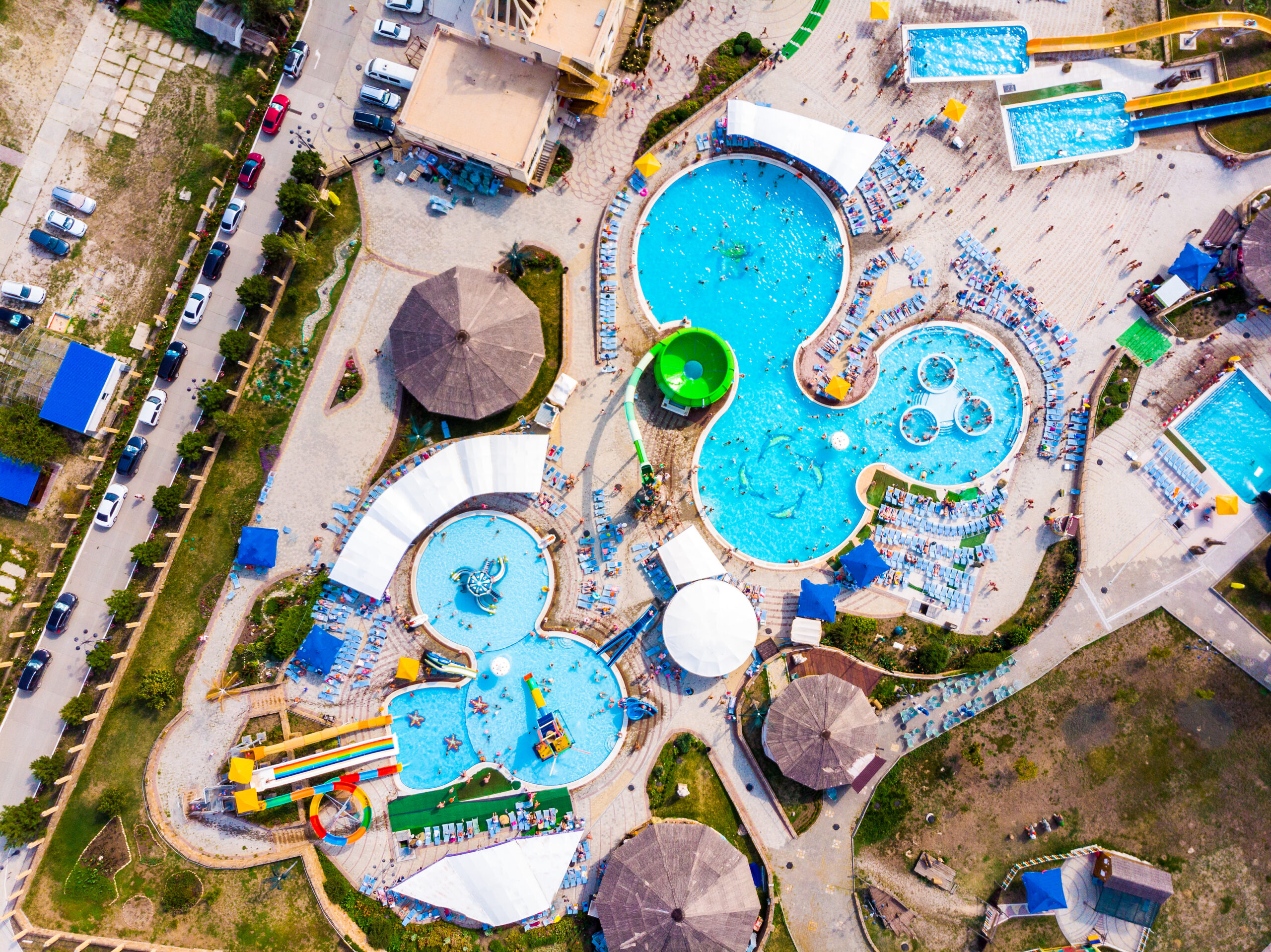 Aerial view of a waterpark in Ibiza with pools and slides