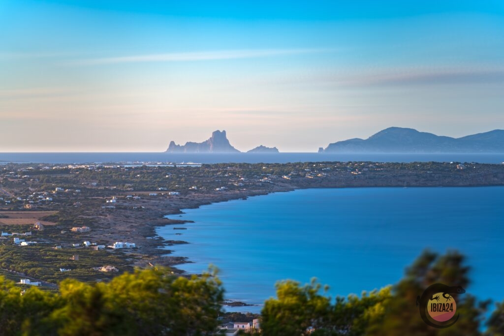 Scenic view of Ibiza from Formentera with sparkling sea and clear skies