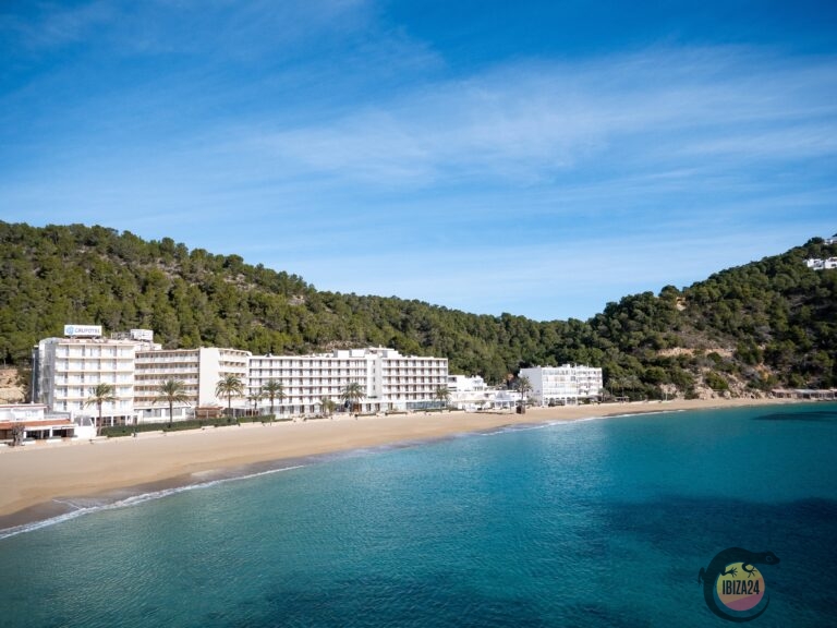 Quiet Ibiza Cala San Vicente beach with empty sands in February